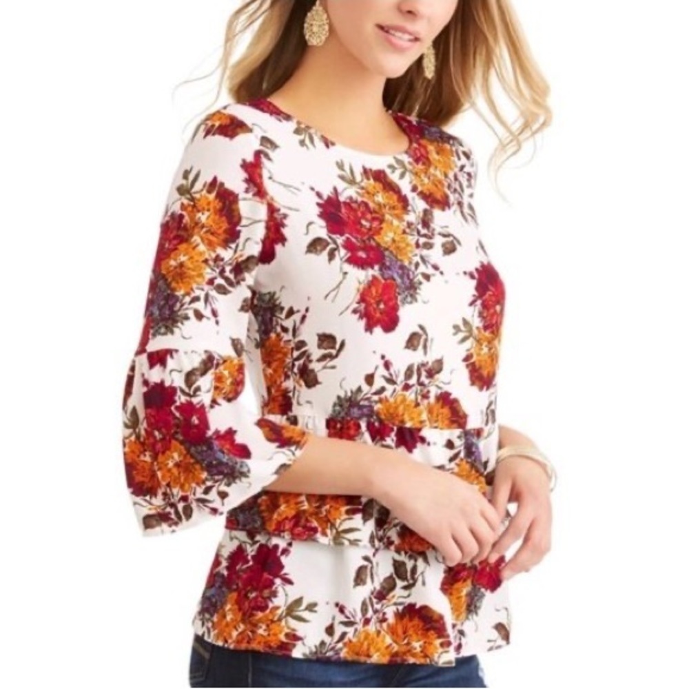 Time and Tru Women's Floral Ruffle Bell Sleeve Peplum Top Blouse Size Small 4-6